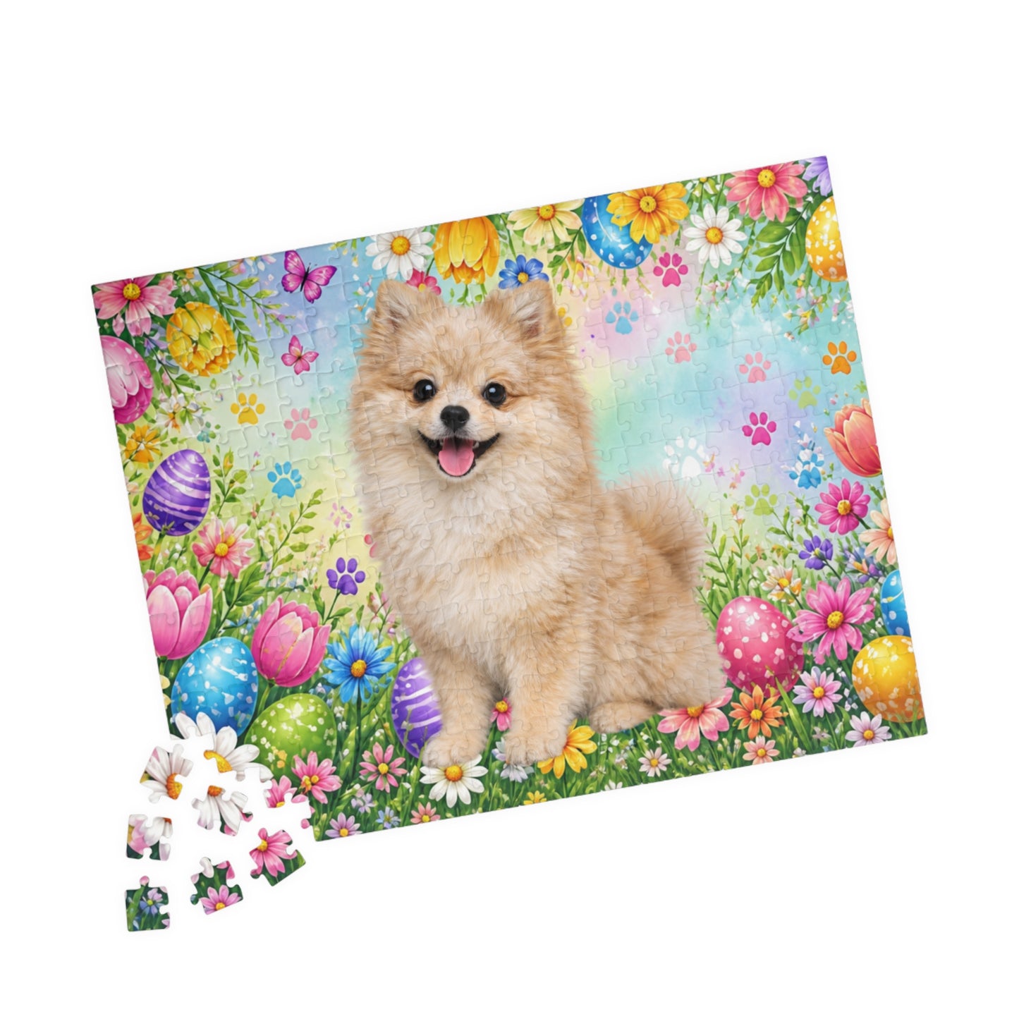Pomeranian (Cream Merle) Easter Puppy Puzzle - Spring Garden with Eggs, Tulips, and Daisies