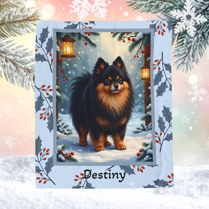 Pomeranian Black and Tan custom winter blanket featuring a fluffy Pom in a cozy illustrated lodge setting