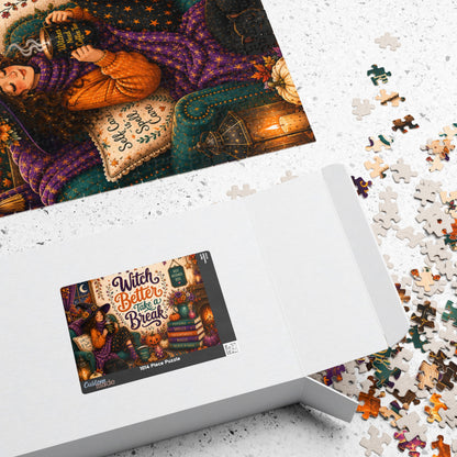 Witch Better Take a Break Halloween Puzzle - Witch in Armchair with Self Care is a Spell Pillow and Magic Books