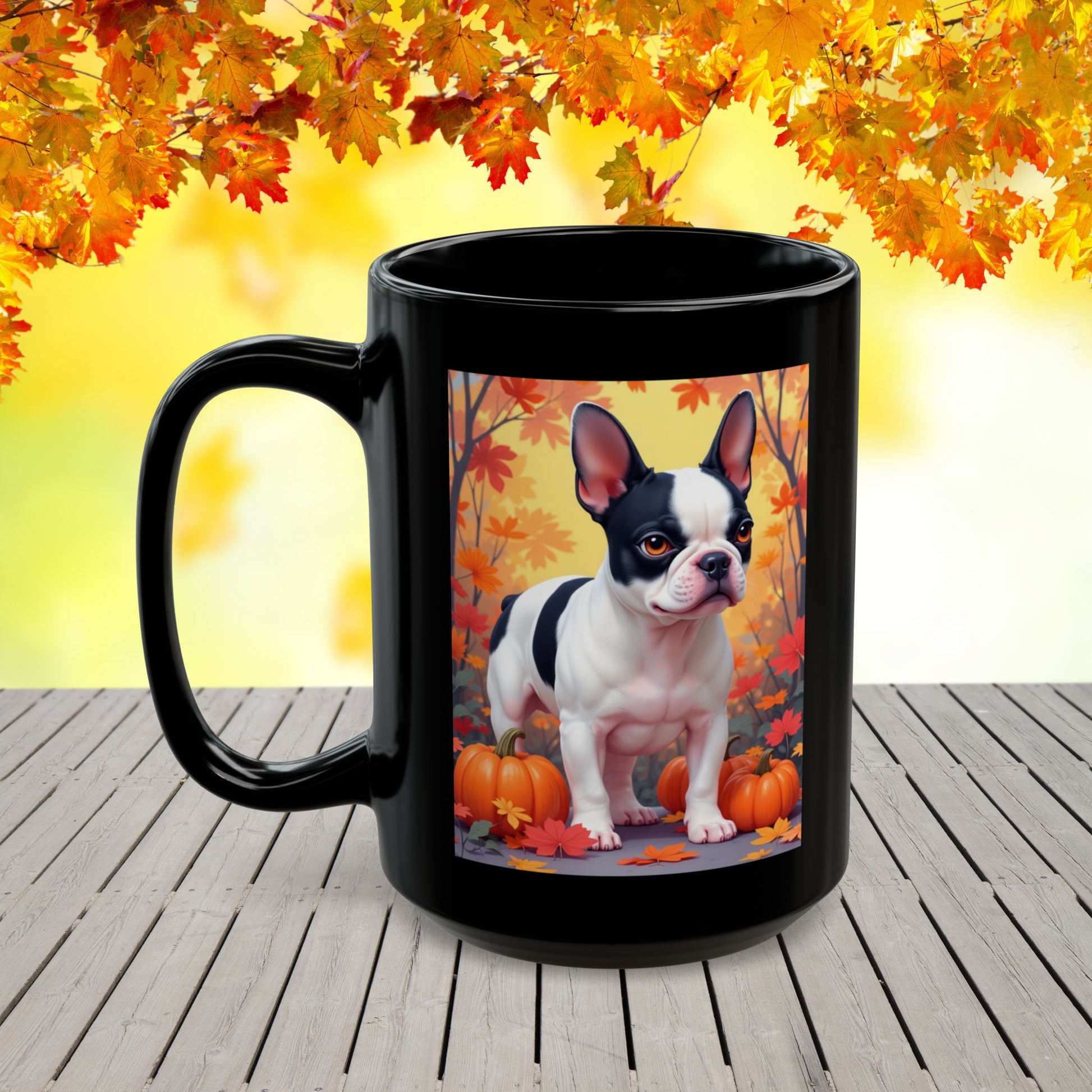 French Bulldog Black Pied - Autumn coffee mug, cozy seasonal dog lover gift for Frenchie parents