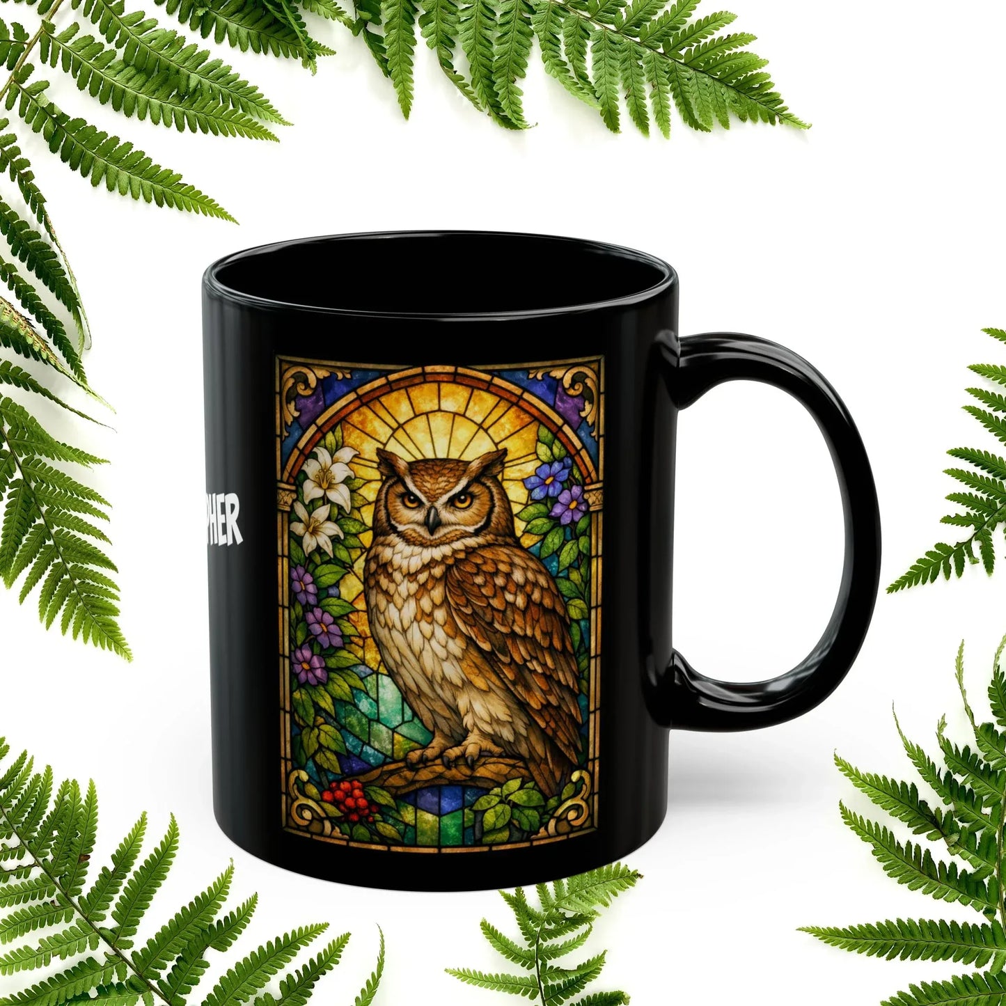 Shop our premium owl stained glass style black mug from MySisterIsASurvivor.