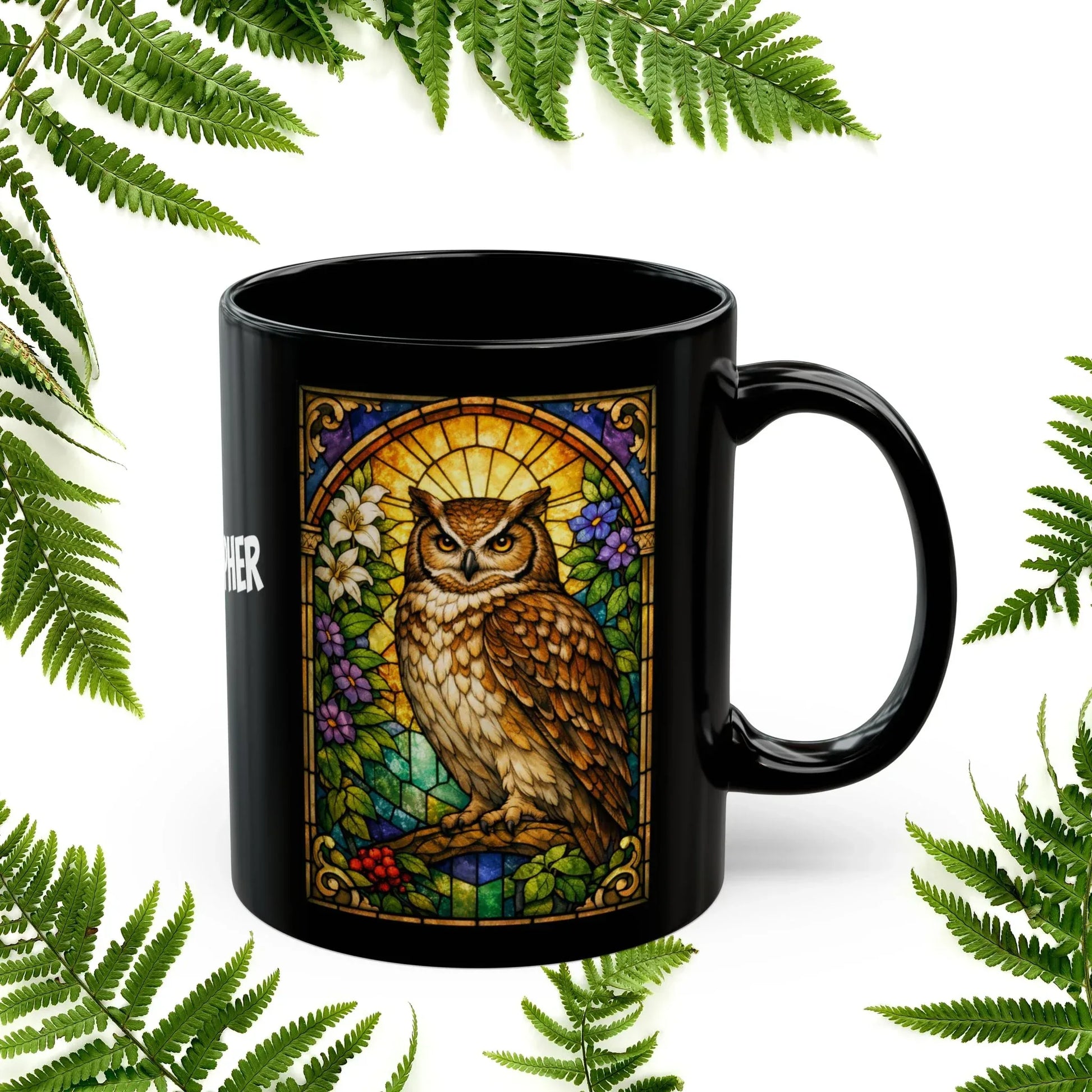 Shop our premium owl stained glass style black mug from MySisterIsASurvivor.