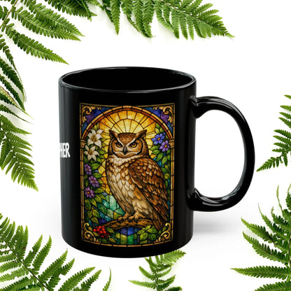 Shop our premium owl stained glass style black mug from MySisterIsASurvivor.