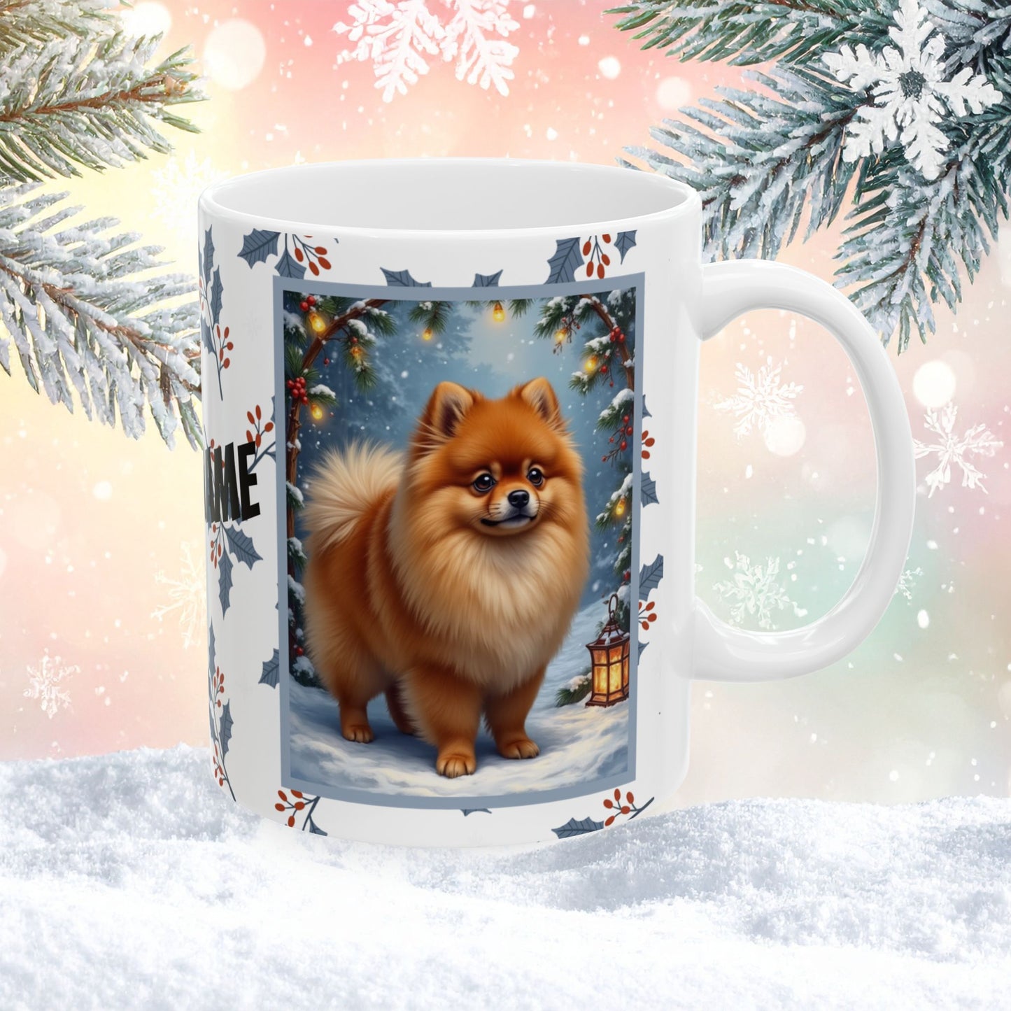 Pomeranian (Orange) Winter Mug - orange pomeranian artwork standing in a cozy winter setting with snow