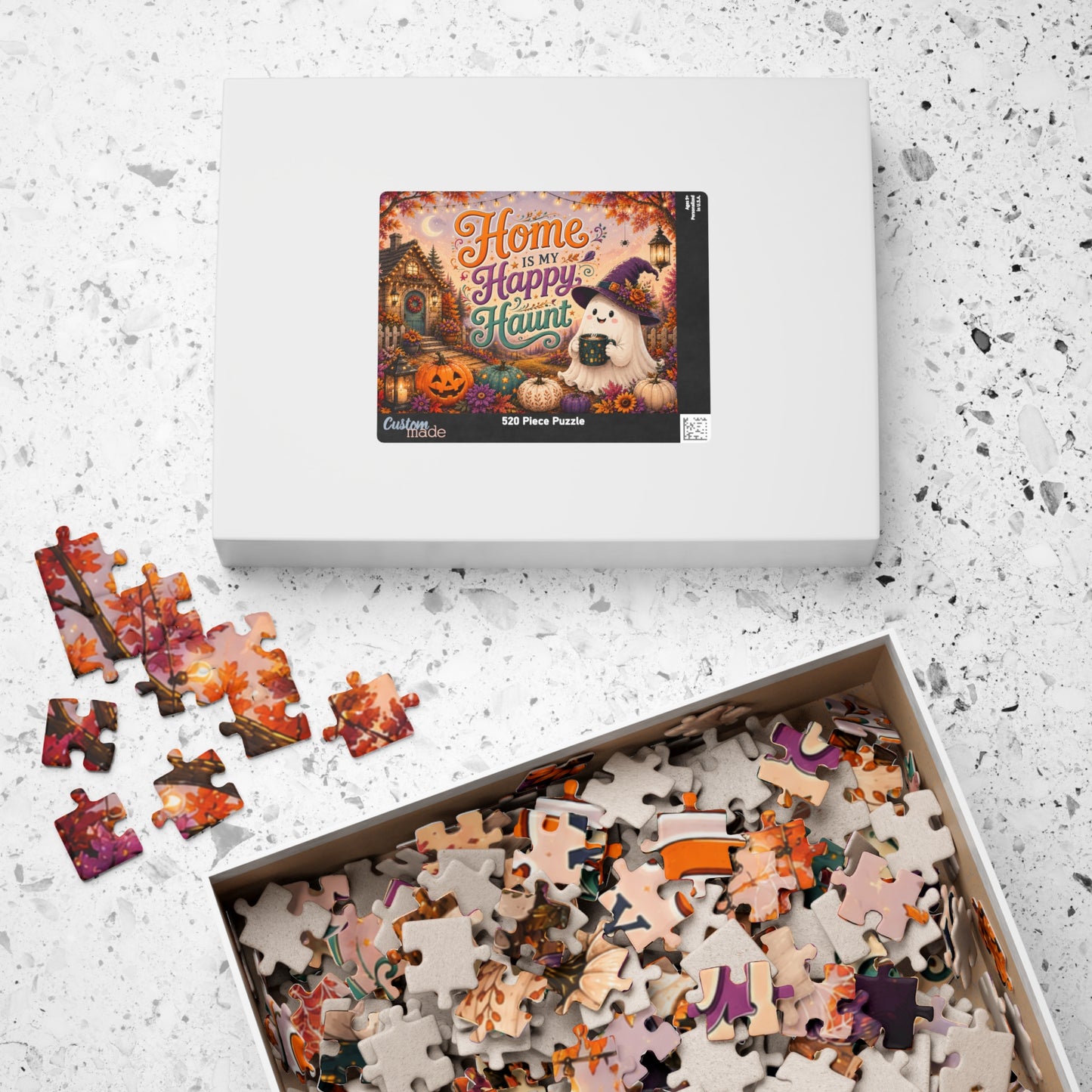 Home Is My Happy Haunt Halloween Puzzle - Witch Hat Ghost with Haunted House Mug and Fall Cottage