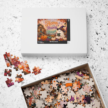 Home Is My Happy Haunt Halloween Puzzle - Witch Hat Ghost with Haunted House Mug and Fall Cottage