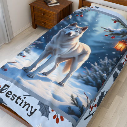Husky Silver personalized winter throw with silver Husky artwork and glowing snowy lodge décor