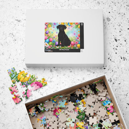 Doberman (Black) Easter Puppy Puzzle - Spring Flowers, Easter Eggs, and Butterflies