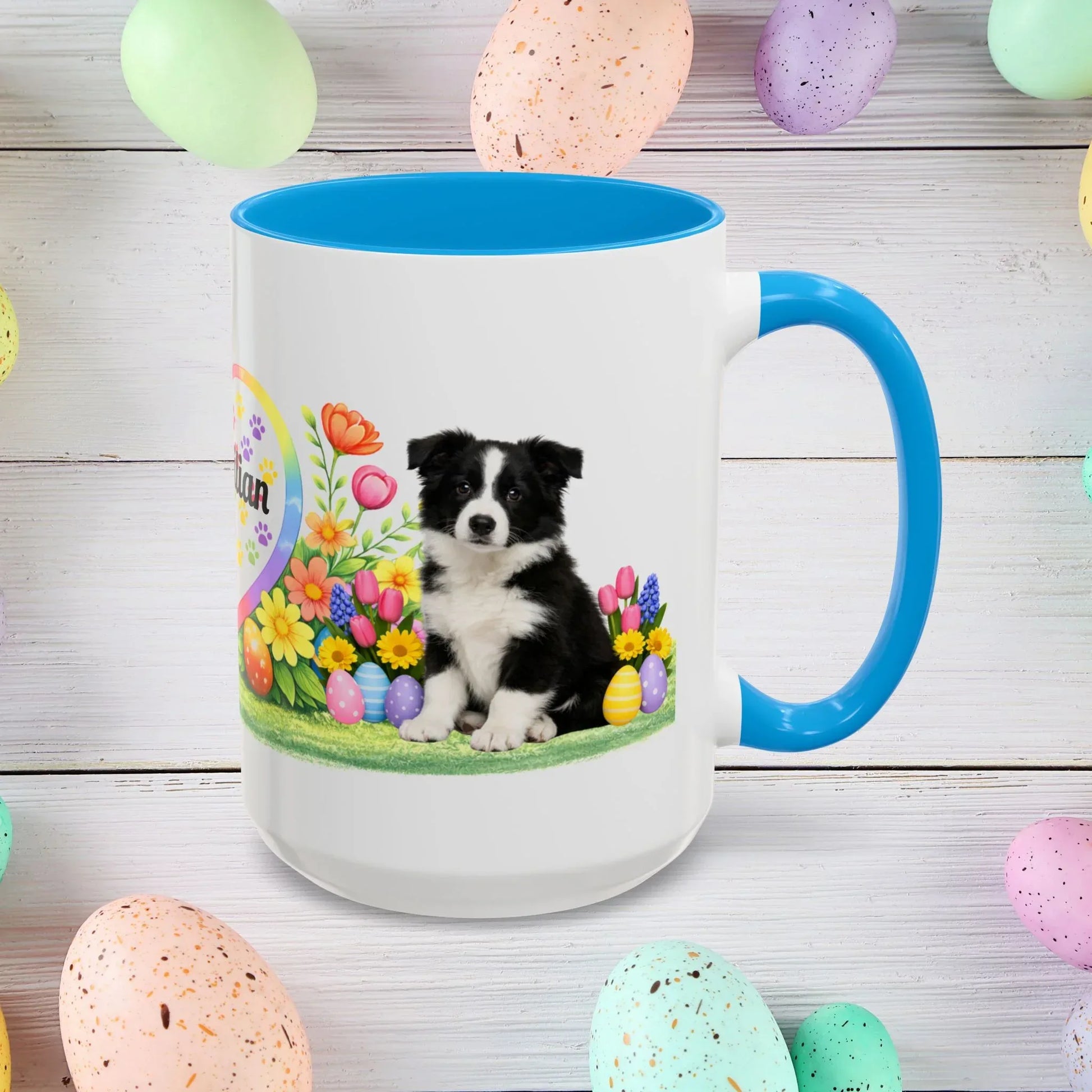 Shop our border collie black white puppy easter mug featuring the 15oz style option from MySisterIsASurvivor.
