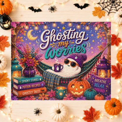 Ghosting My Worries Halloween Puzzle - Unbothered Ghost in Hammock with Breathe Relax Unwind Pillow