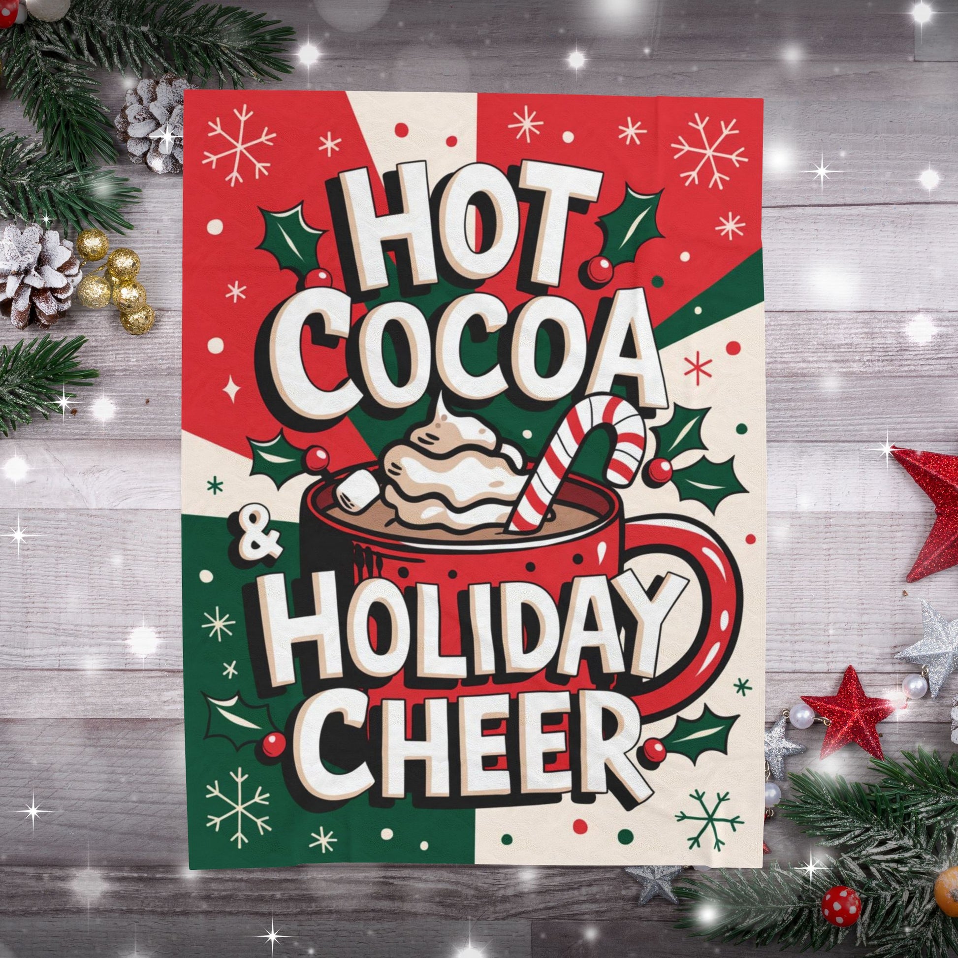 Holiday blanket “Hot Cocoa & Holiday Cheer” soft cozy throw with winter Christmas theme