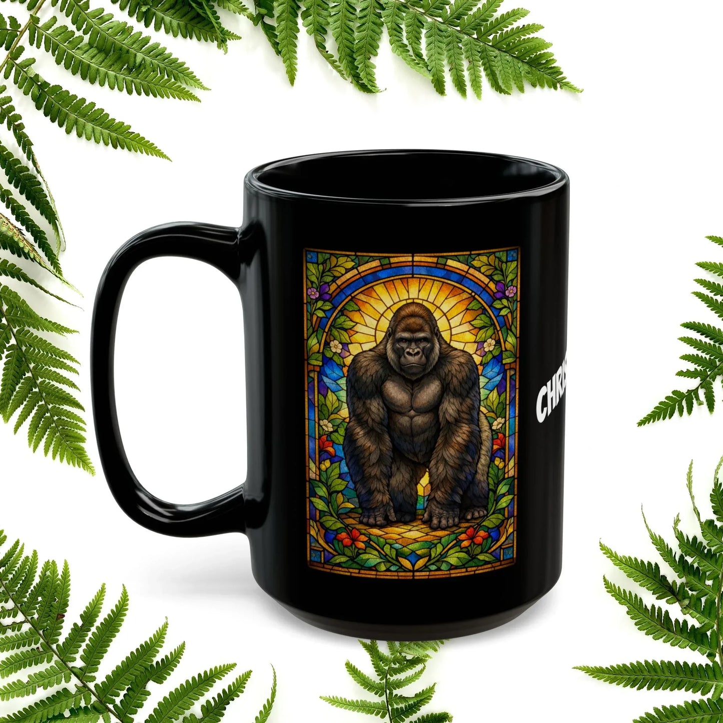Shop our premium gorilla stained glass style black mug from MySisterIsASurvivor.
