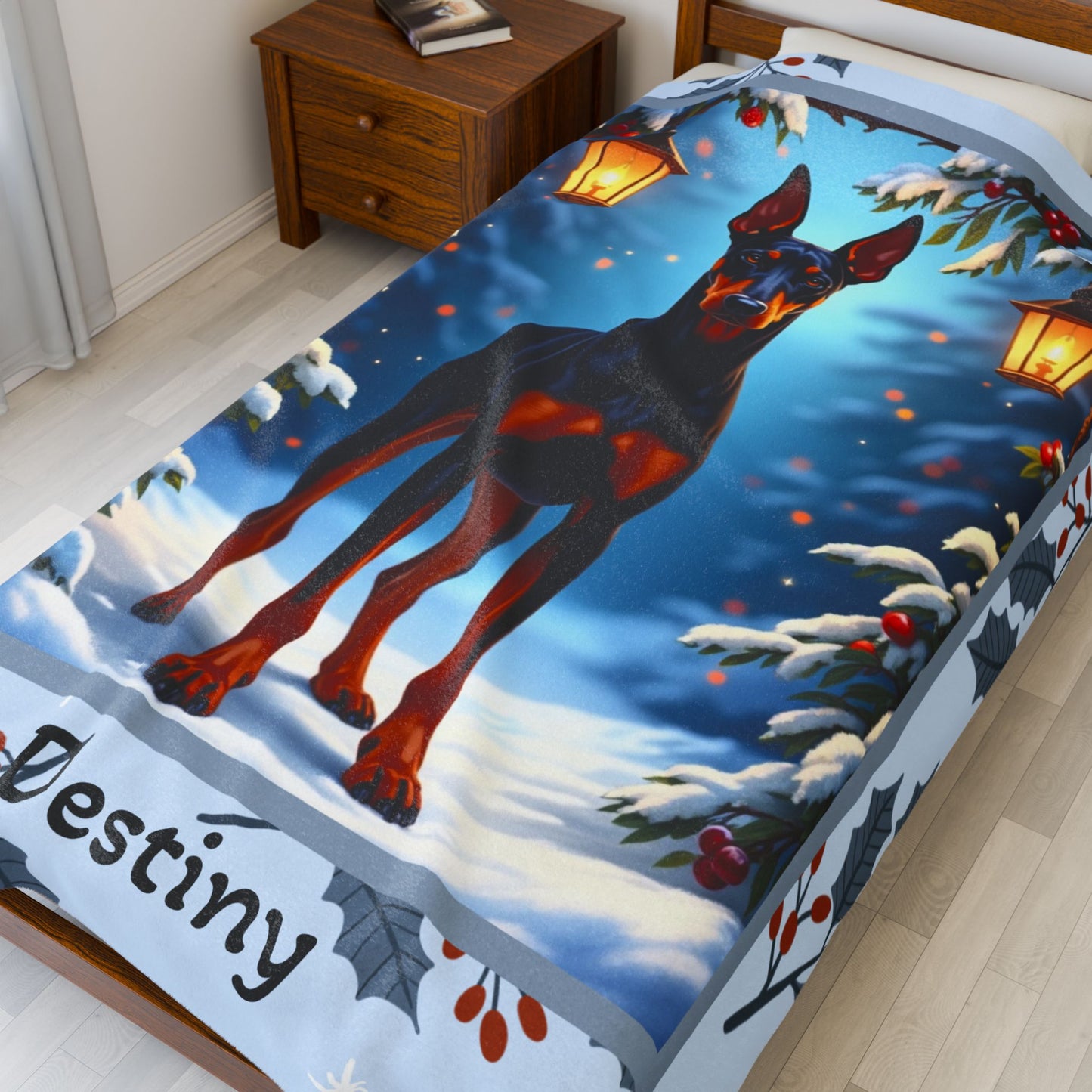 Doberman Black and Rust custom winter blanket featuring a sleek Doberman illustration in a cozy lodge-style winter scene