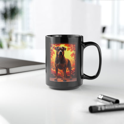 Chocolate and tan Rottweiler dog in fall leaves on a custom black mug.