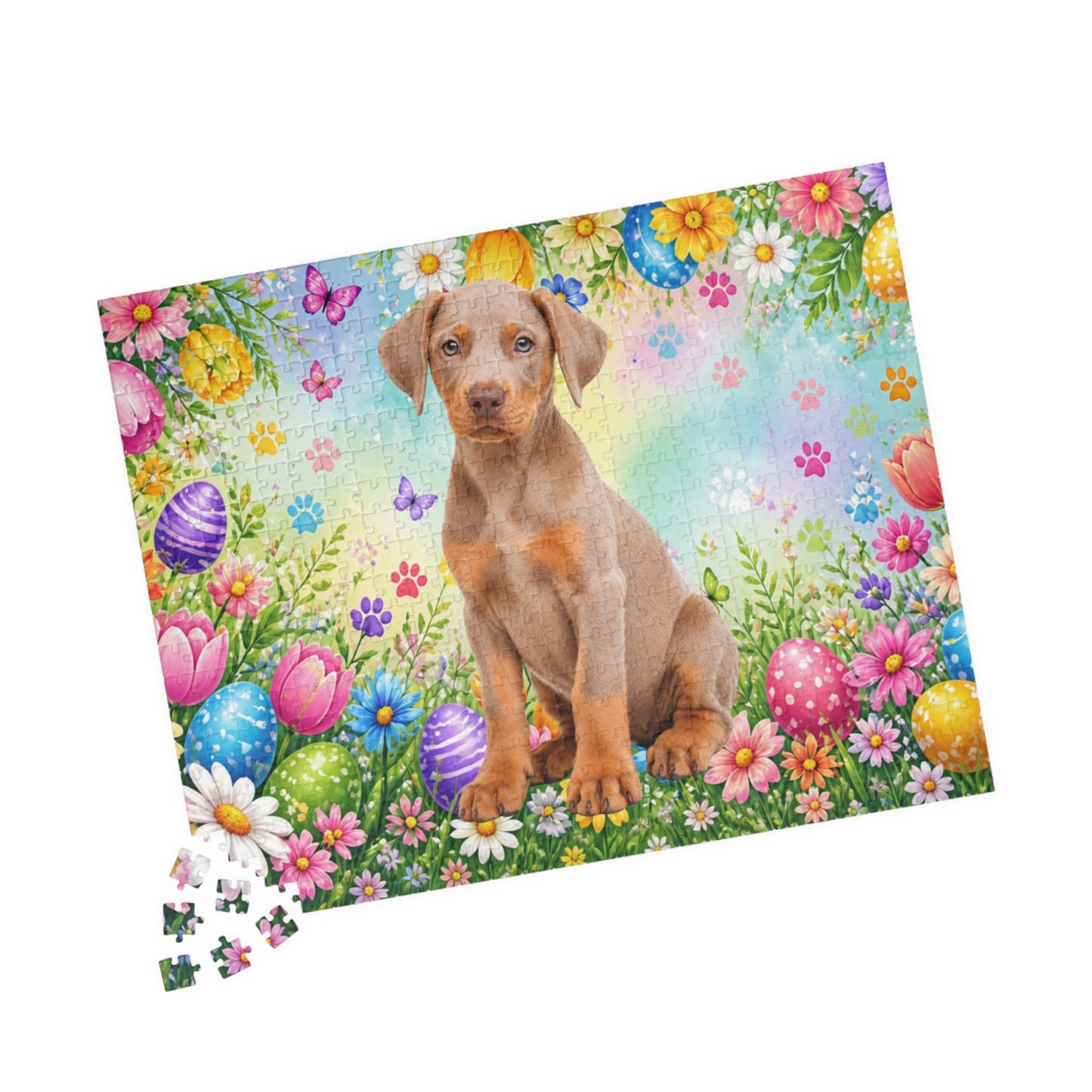 Doberman (Fawn/Isabella & Rust) Easter Puppy Puzzle - Spring Garden with Eggs, Tulips, and Daisies