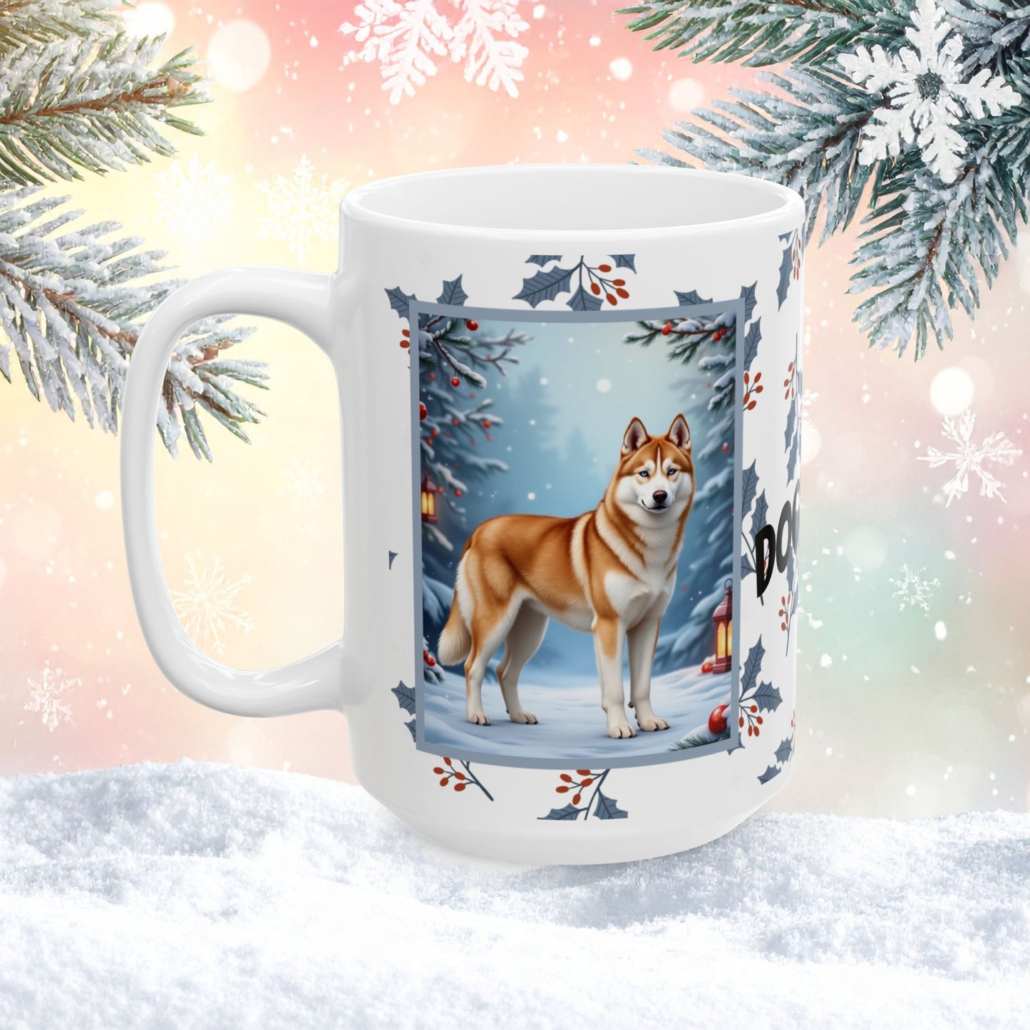 Husky (Sable & White) Winter Mug - sable and white husky illustrated standing in a winter scene with frosted trees