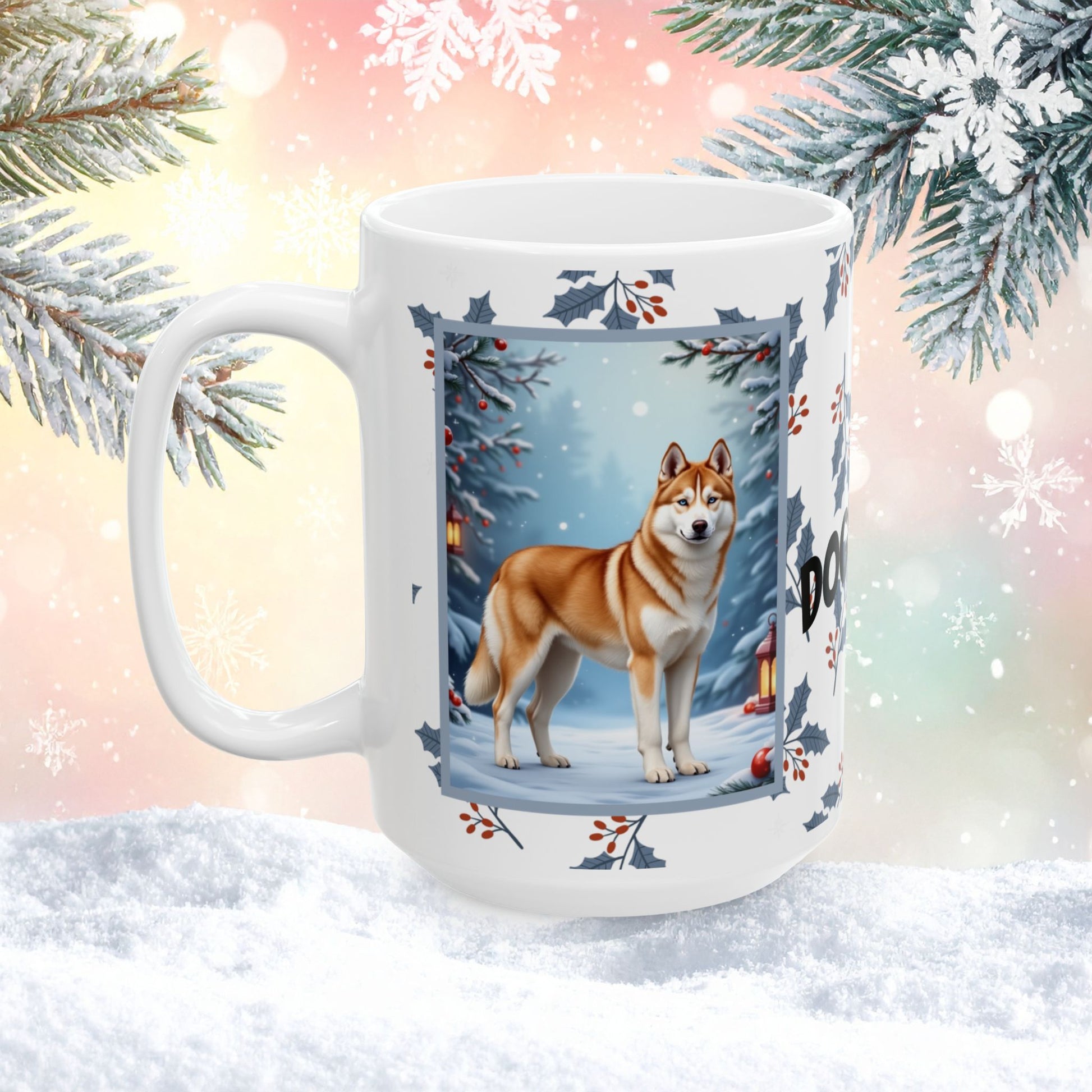 Husky (Sable & White) Winter Mug - sable and white husky illustrated standing in a winter scene with frosted trees
