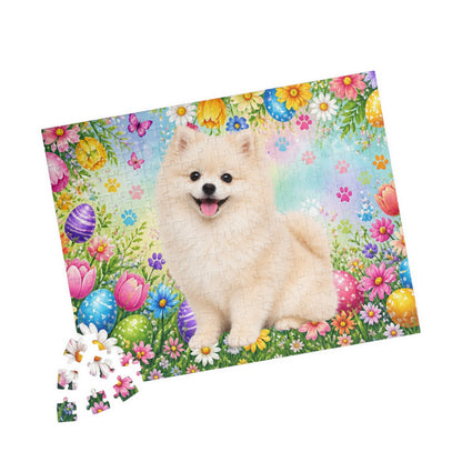 Pomeranian (Cream) Easter Puppy Puzzle - Spring Garden with Eggs, Tulips, and Daisies