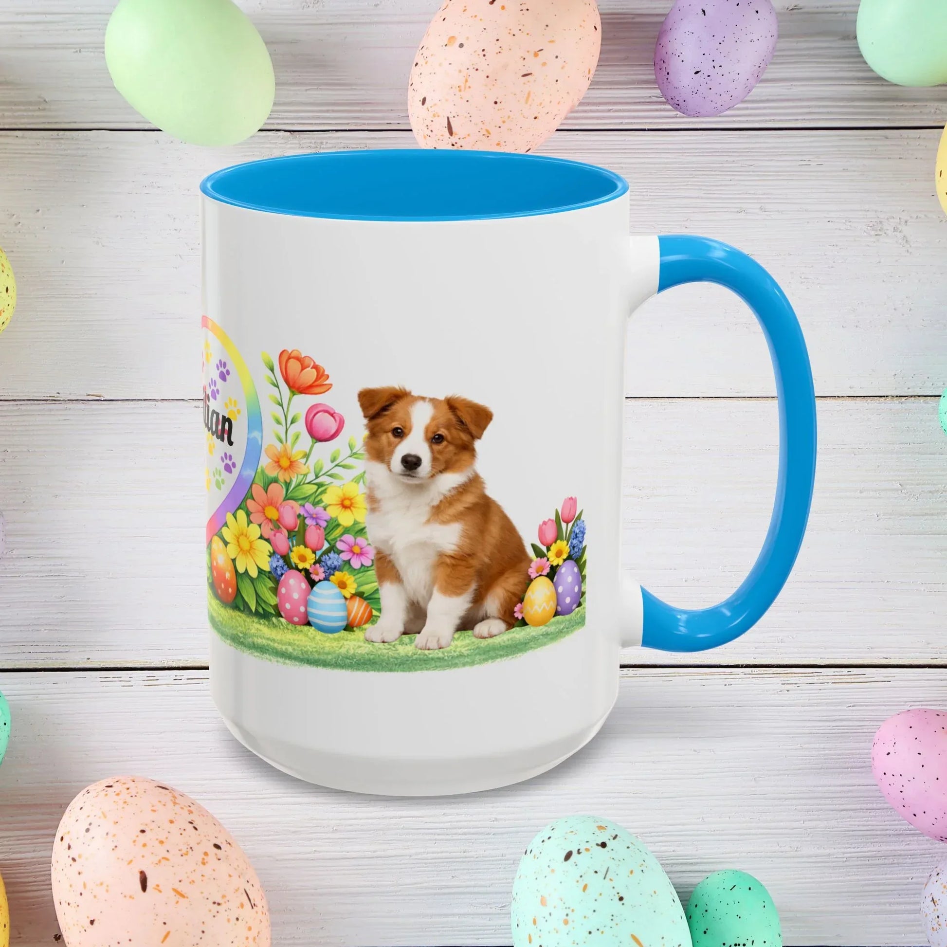Shop our border collie red white puppy easter mug featuring the 15oz style option from MySisterIsASurvivor.