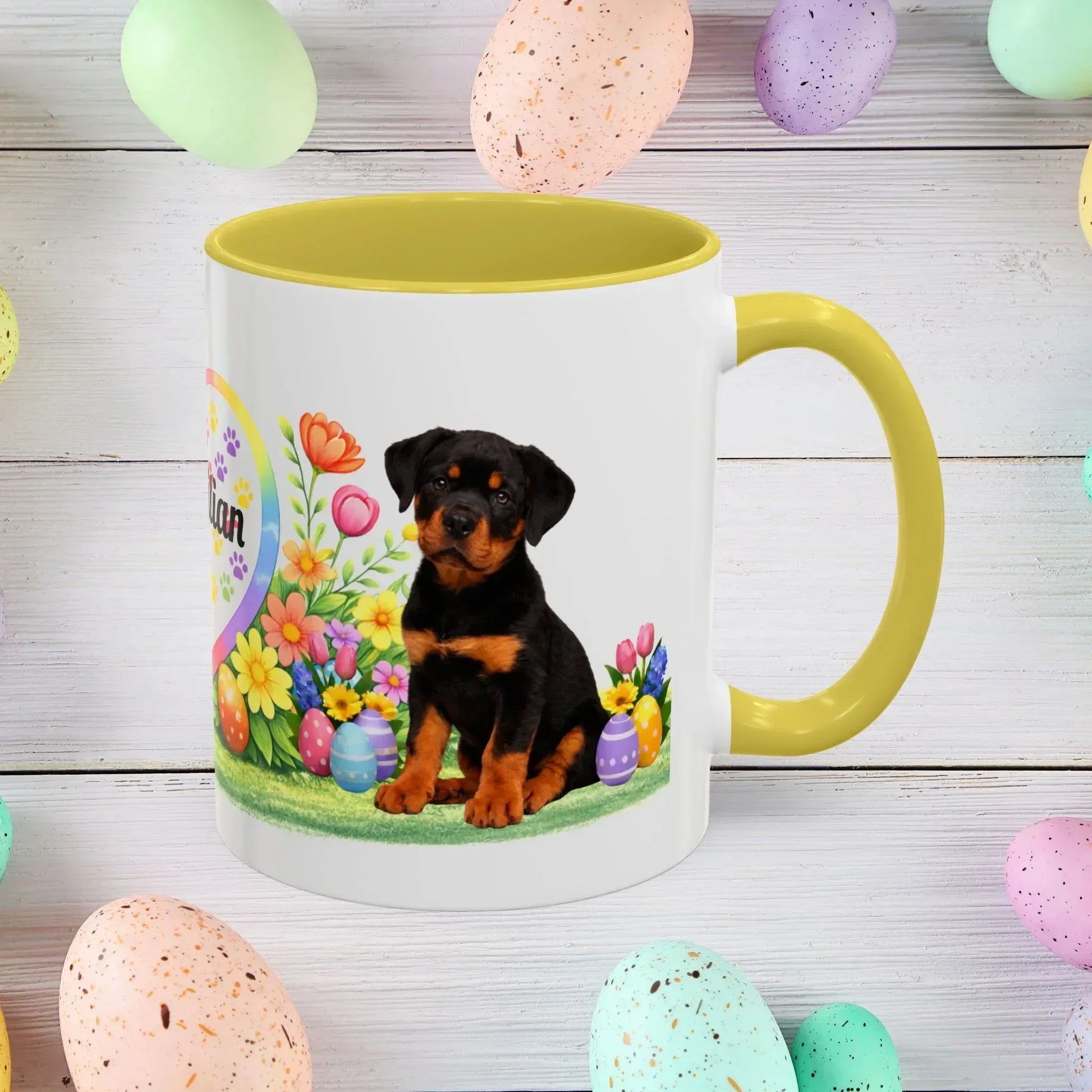 Shop our rottweiler black rust puppy easter mug featuring the 15oz style option from MySisterIsASurvivor.