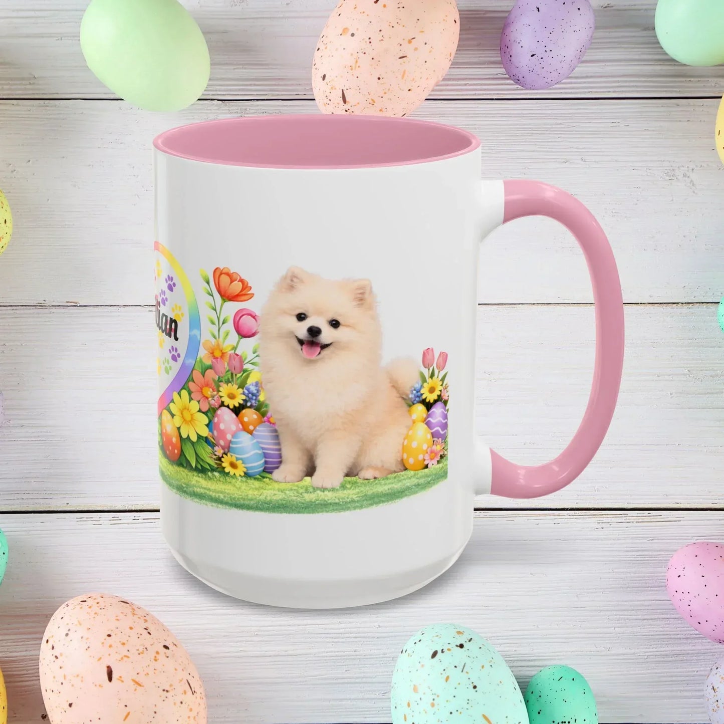 Shop our pomeranian cream puppy easter mug featuring the 15oz style option from MySisterIsASurvivor.
