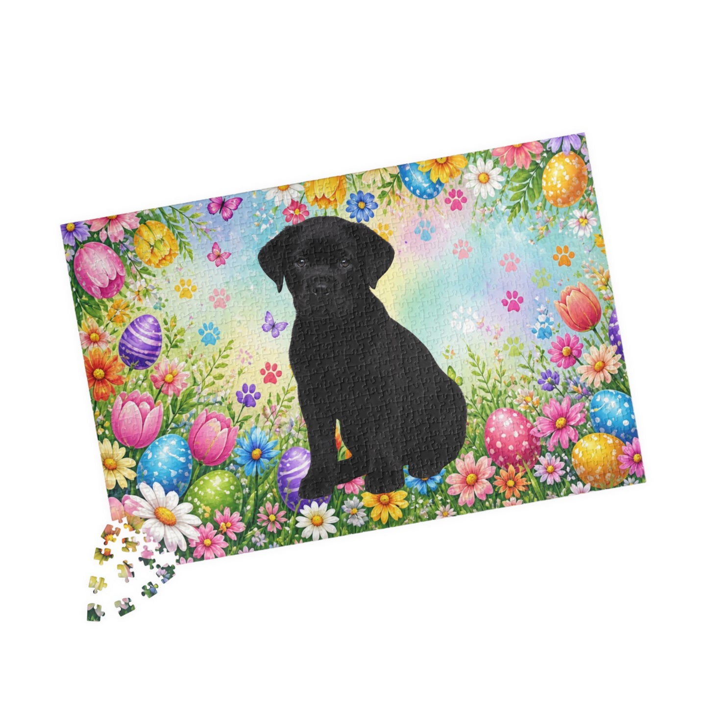 Rottweiler (Black) Easter Puppy Puzzle - Bold Spring Garden with Eggs and Wildflowers
