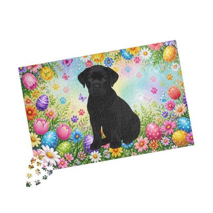 Rottweiler (Black) Easter Puppy Puzzle - Bold Spring Garden with Eggs and Wildflowers