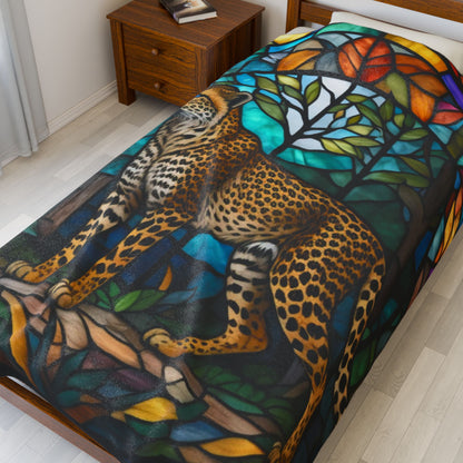A soft cheetah blanket with stained glass-inspired artwork that adds wild beauty to any space.