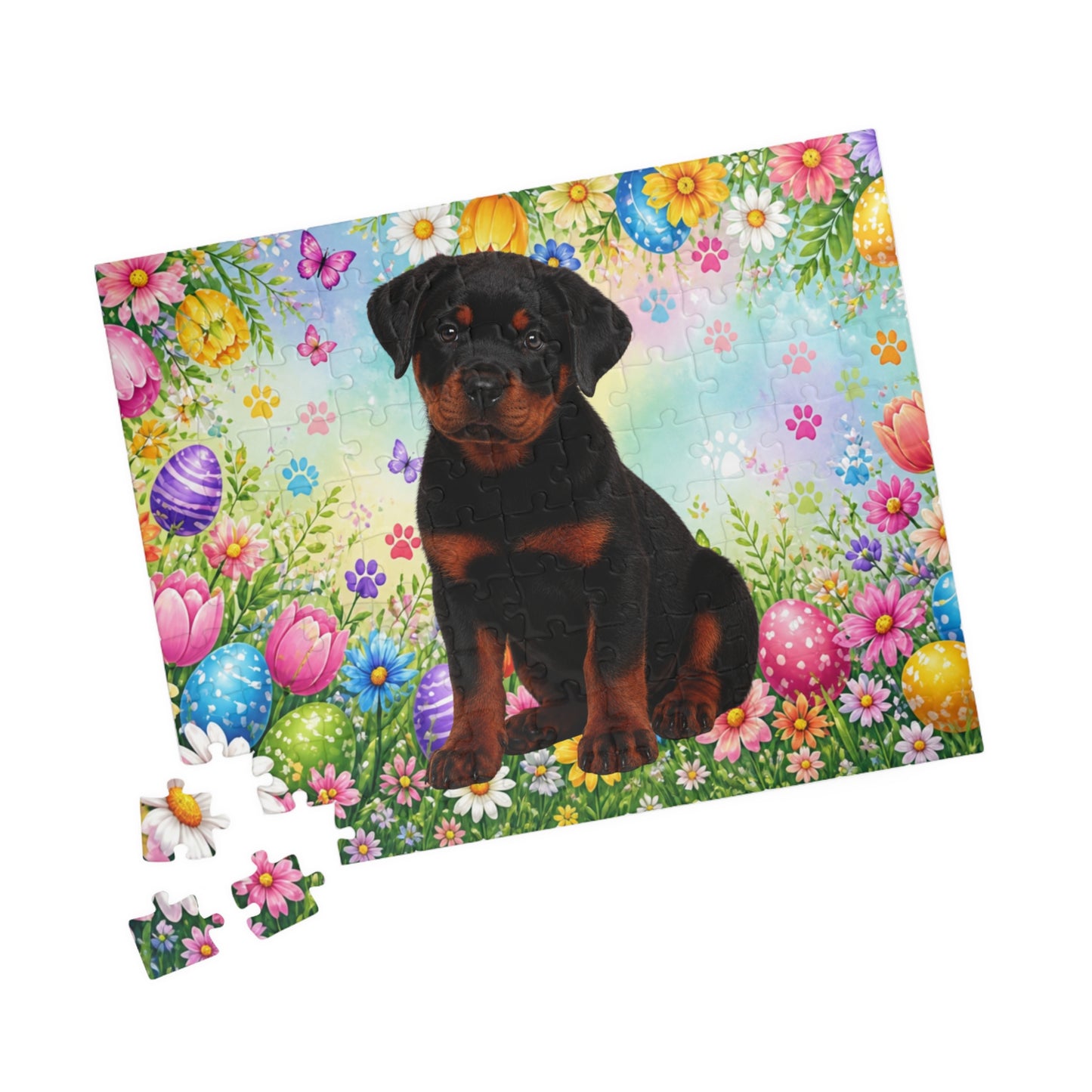 Rottweiler (Black & Mahogany) Easter Puppy Puzzle - Spring Garden with Eggs and Wildflowers