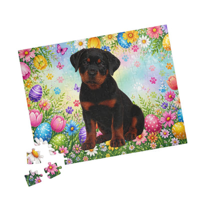 Rottweiler (Black & Mahogany) Easter Puppy Puzzle - Spring Garden with Eggs and Wildflowers