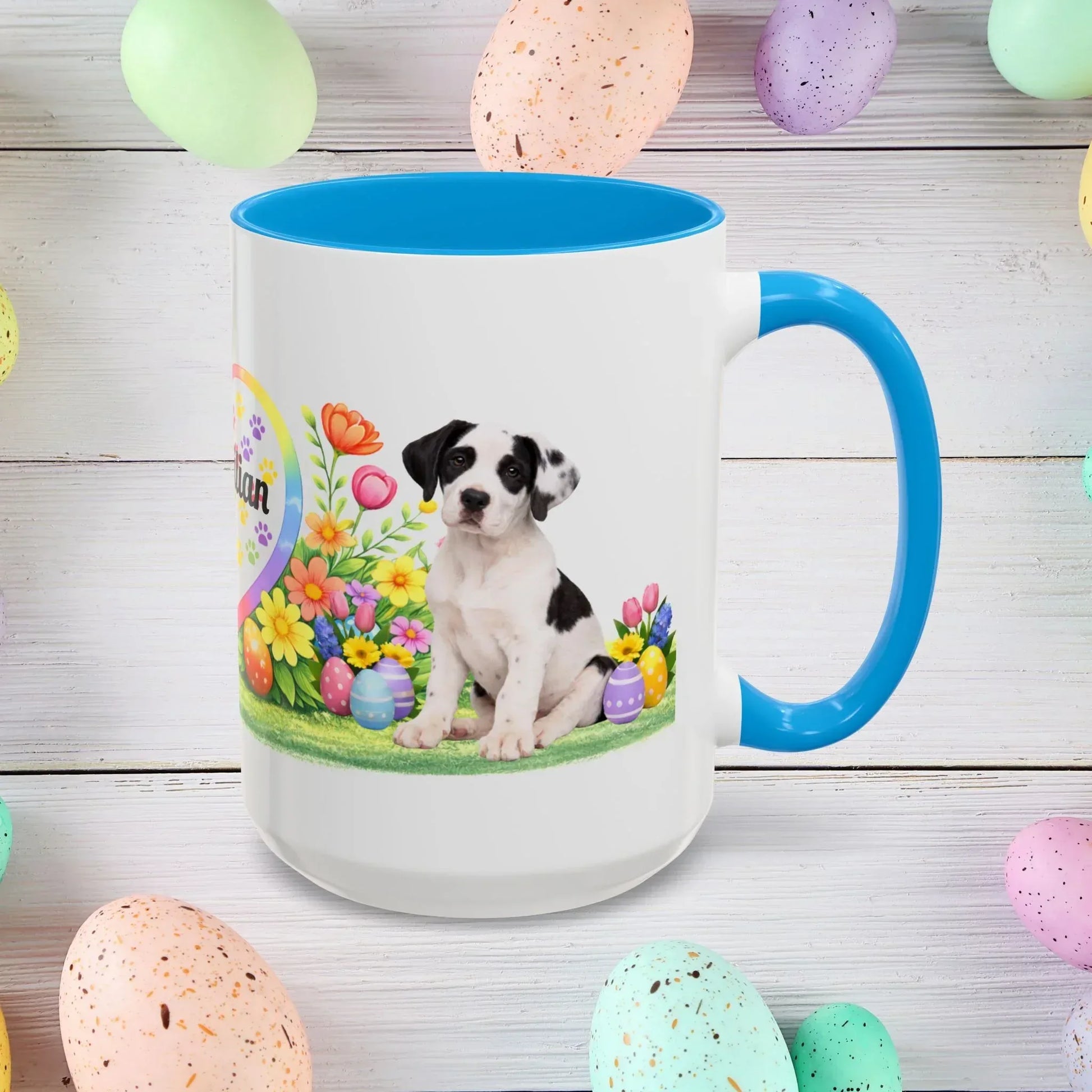 Shop our great dane piebald puppy easter mug featuring the 15oz style option from MySisterIsASurvivor.