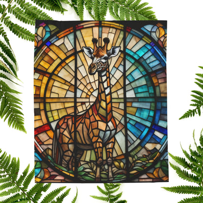 A vibrant giraffe blanket with stained glass-style art that celebrates nature and comfort.