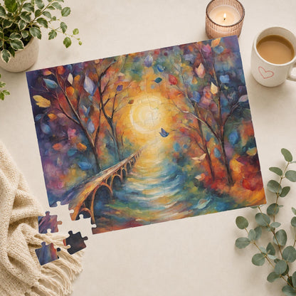Bridge to Healing - Watercolor Landscape Puzzle with Glowing Path, Stone Bridge, and Colorful Floating Leaves