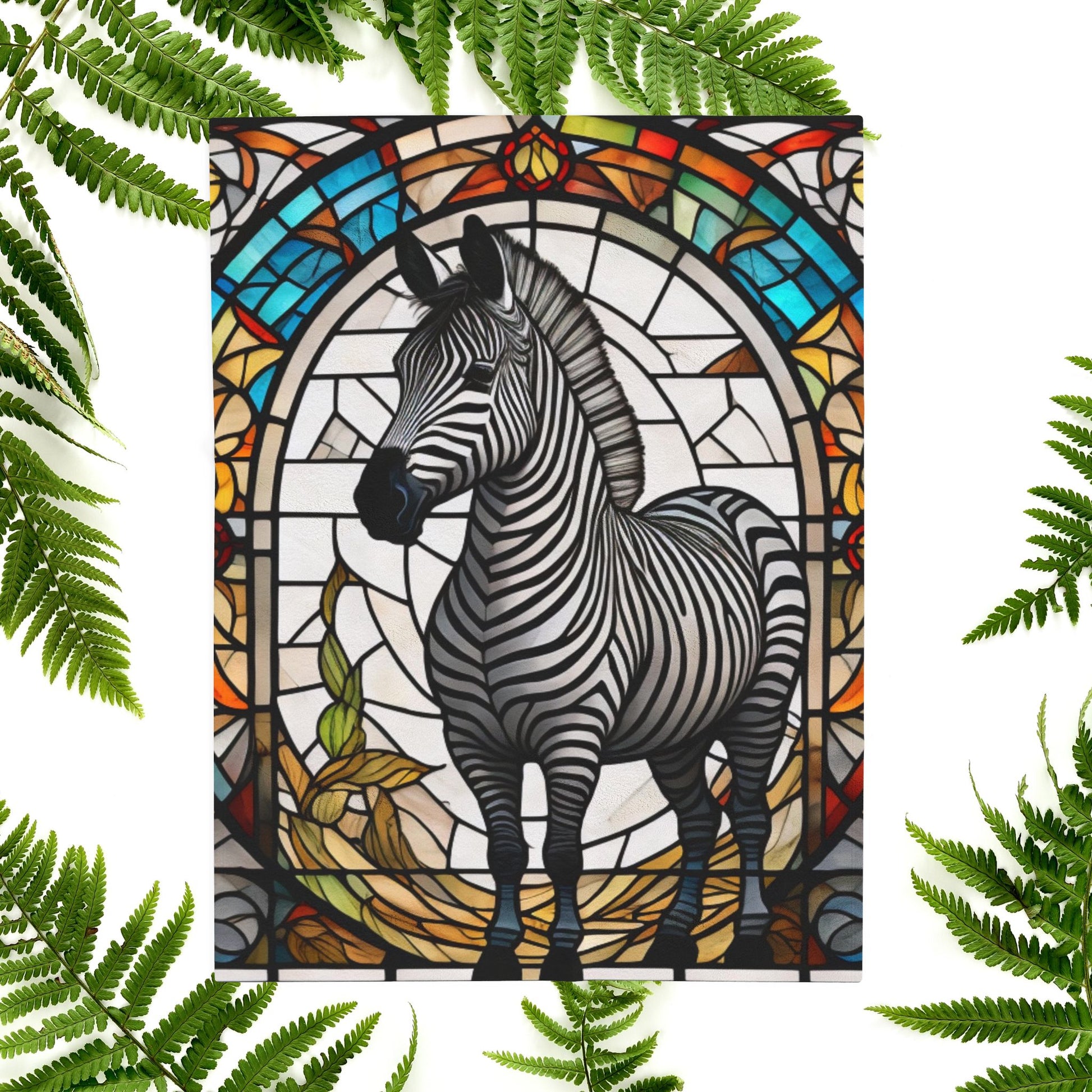A zebra blanket with stained glass-inspired design that blends artistic style and cozy comfort.