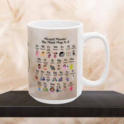 Colorful personalized Mental Mosaic Mug with a therapeutic A to Z mind map of self-care and support slang.