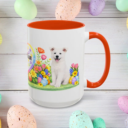 Shop our german shepherd white puppy easter mug featuring the 15oz style option from MySisterIsASurvivor.