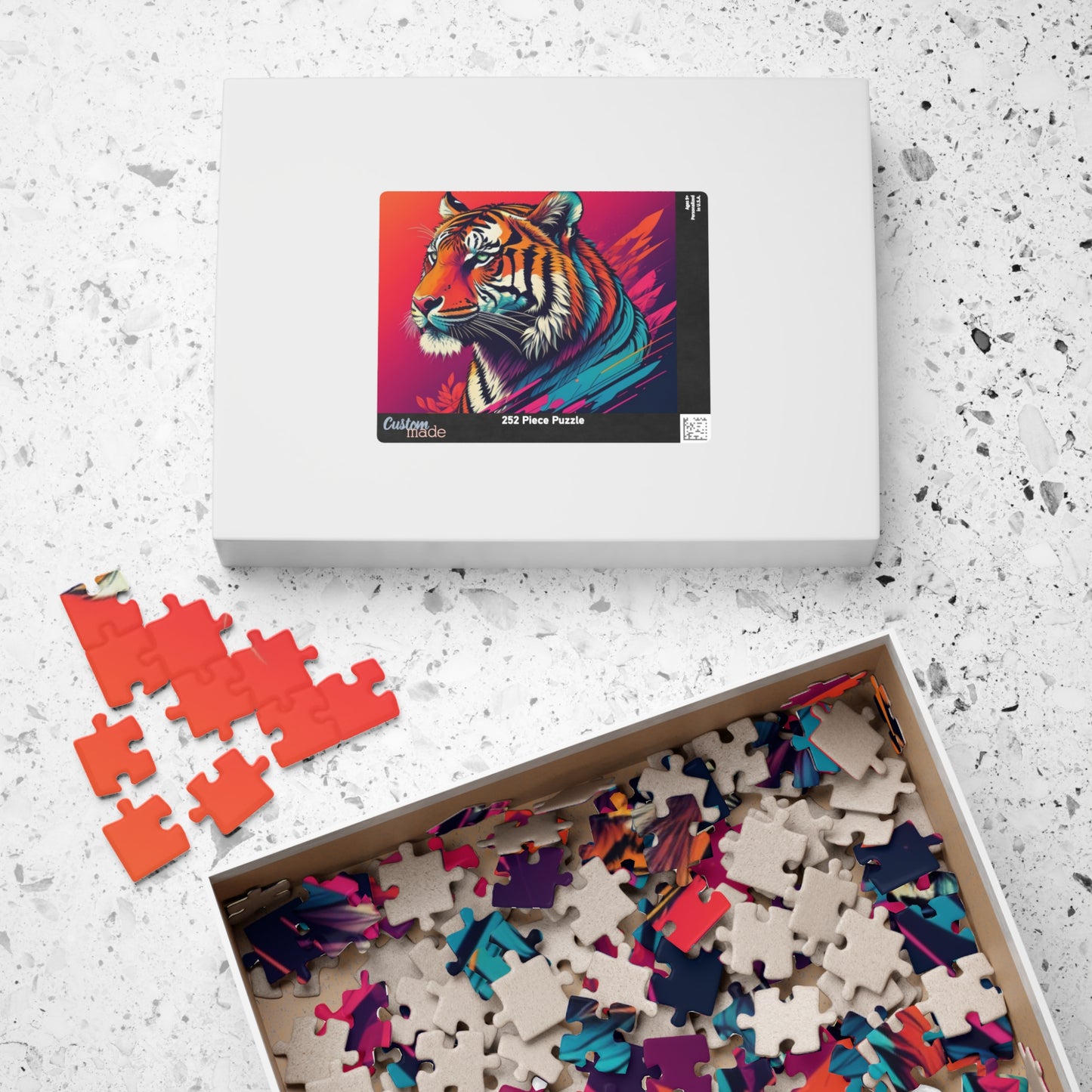 Calm in the Tiger's Stripes - Tropical Tiger Jigsaw Puzzle with Coral Gradient and Teal Leaf Art