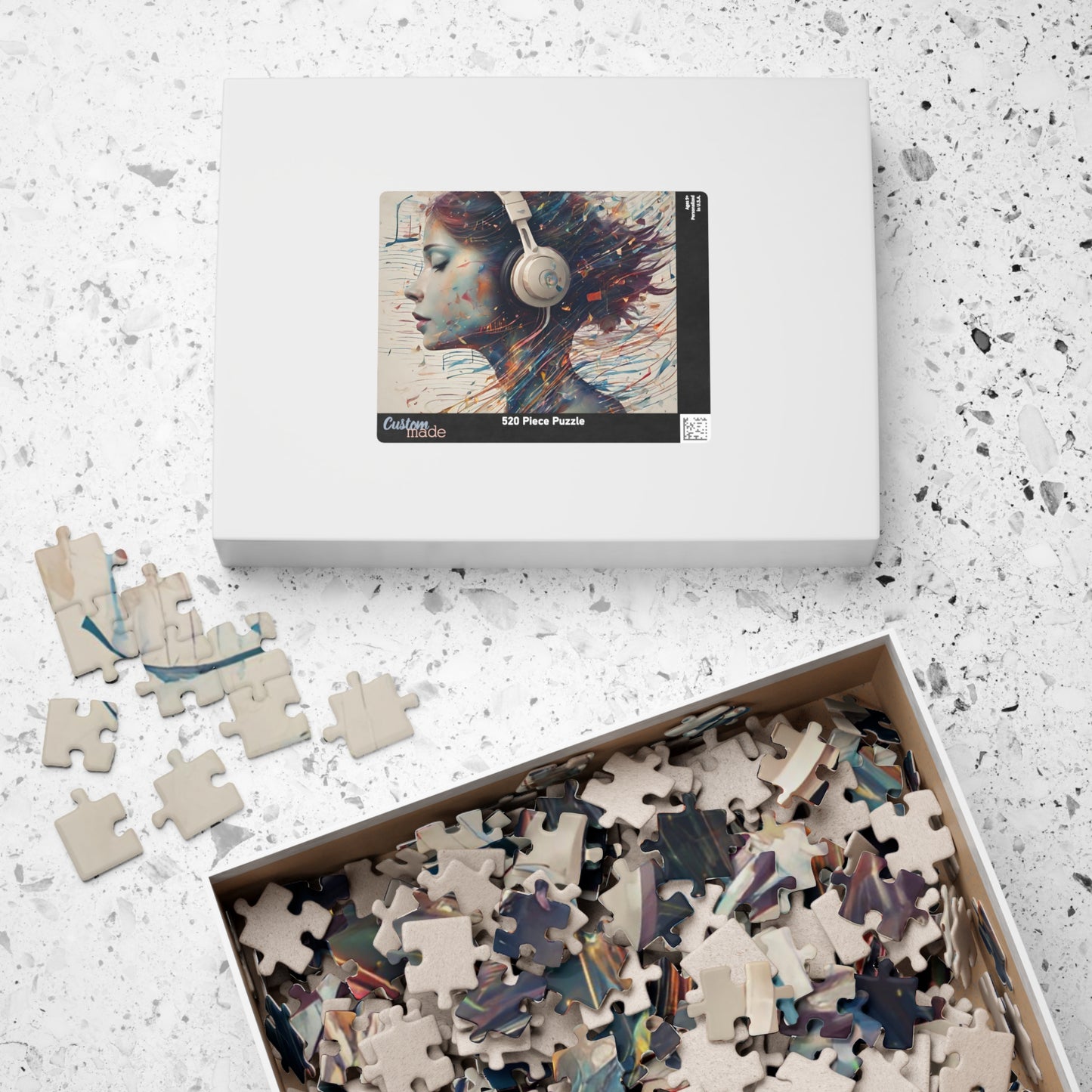 Music and Emotional Resonance - Woman with Headphones Puzzle with Colorful Music Notes and Paint Fragments