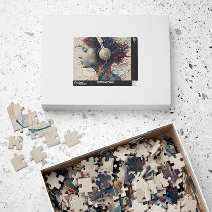 Music and Emotional Resonance - Woman with Headphones Puzzle with Colorful Music Notes and Paint Fragments