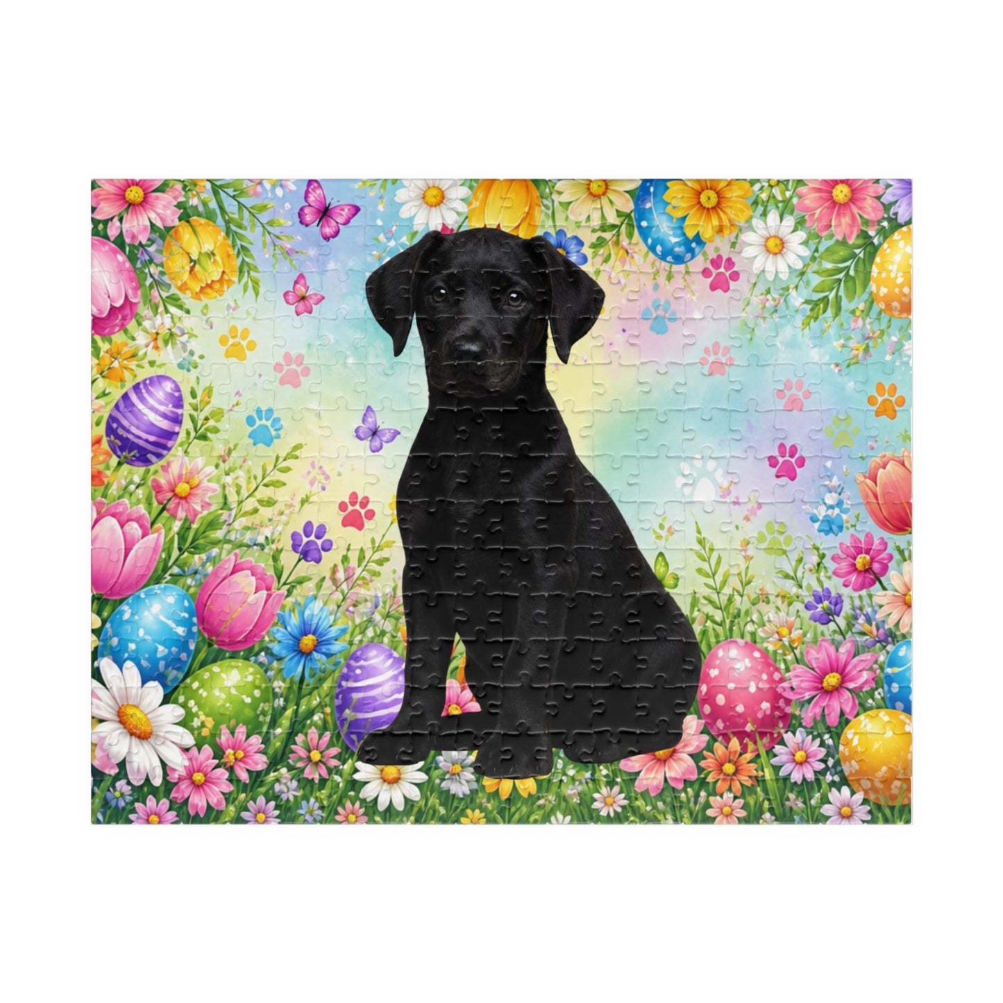 Doberman (Black) Easter Puppy Puzzle - Spring Flowers, Easter Eggs, and Butterflies
