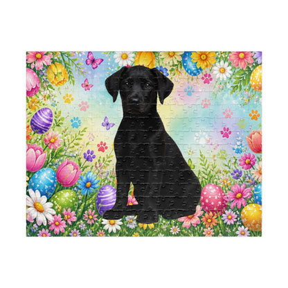 Doberman (Black) Easter Puppy Puzzle - Spring Flowers, Easter Eggs, and Butterflies