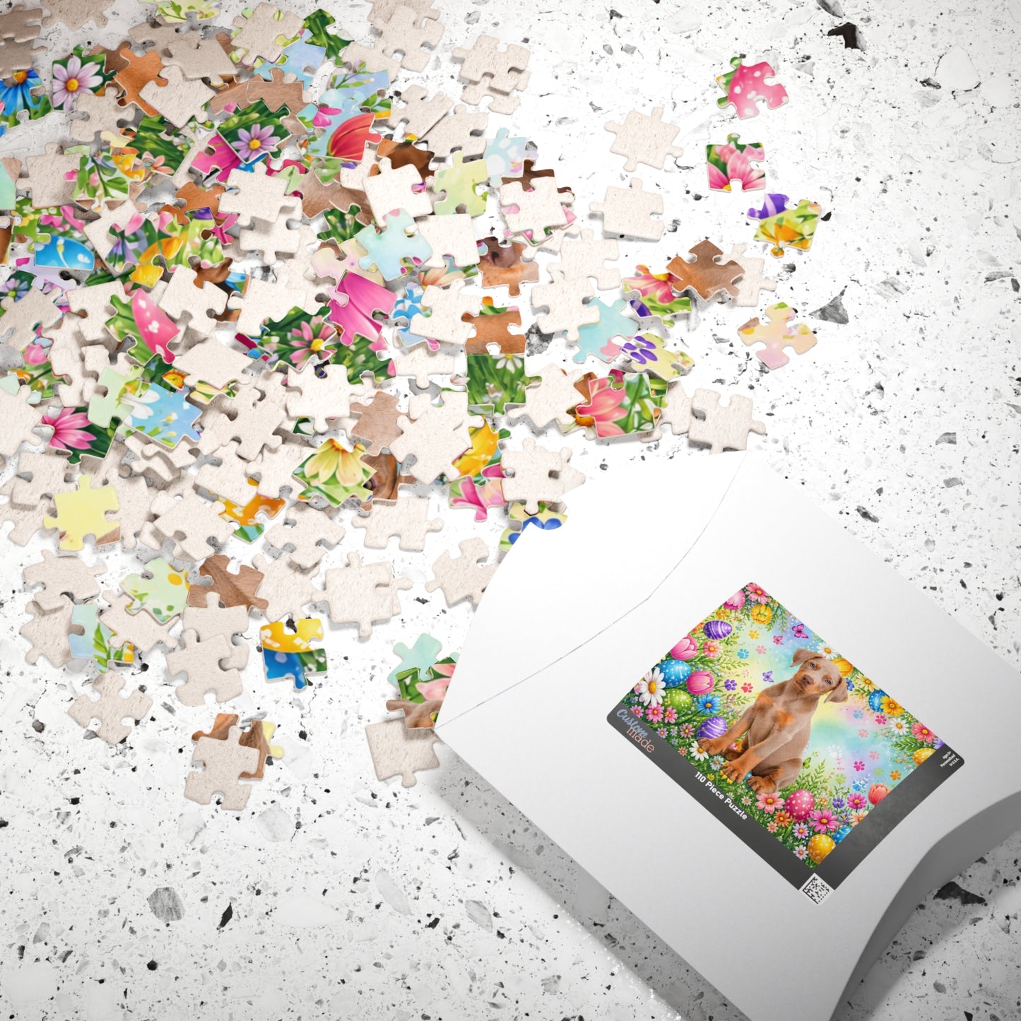 Doberman (Fawn/Isabella & Rust) Easter Puppy Puzzle - Spring Garden with Eggs, Tulips, and Daisies