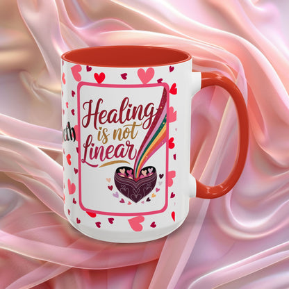 Healing Is Not Linear Valentines mug offering comfort and resilience, Valentine themed affirmation coffee cup
