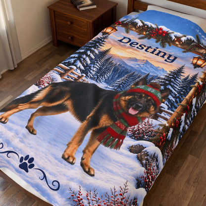 German Shepherd (Bi-Color Coat) - Personalized Winter Lodge Throw, Custom Name Velveteen Blanket - MySisterIsAsurvor