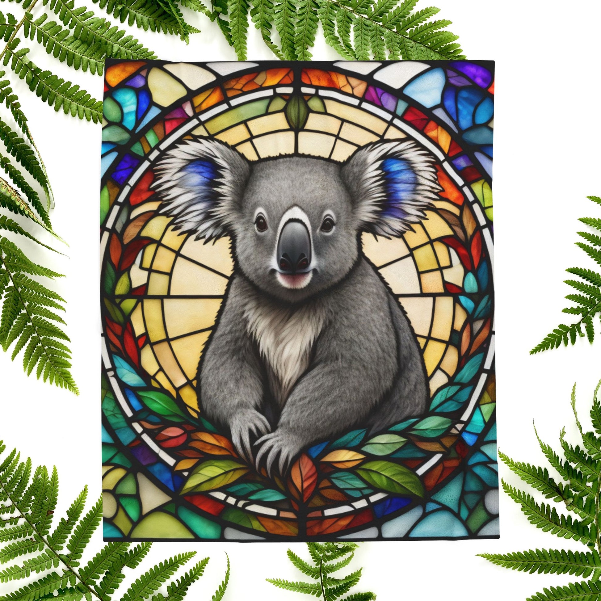 A cute koala blanket with stained glass-style art, perfect for cozy comfort and self-care.