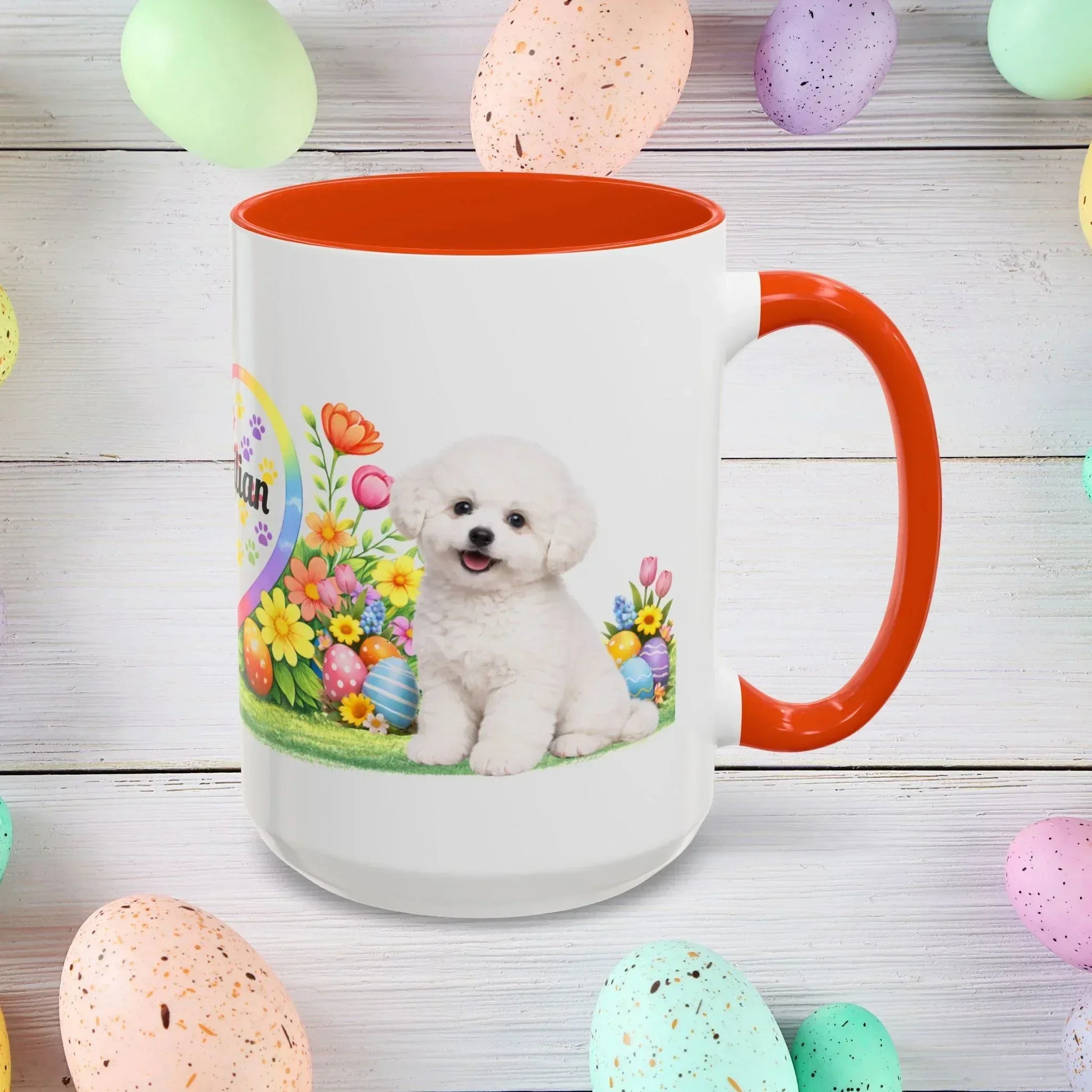 Shop our bichon frise puppy easter mug featuring the 15oz style option from MySisterIsASurvivor.