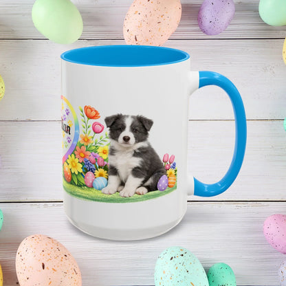 Shop our border collie blue white puppy easter mug featuring the 15oz style option from MySisterIsASurvivor.