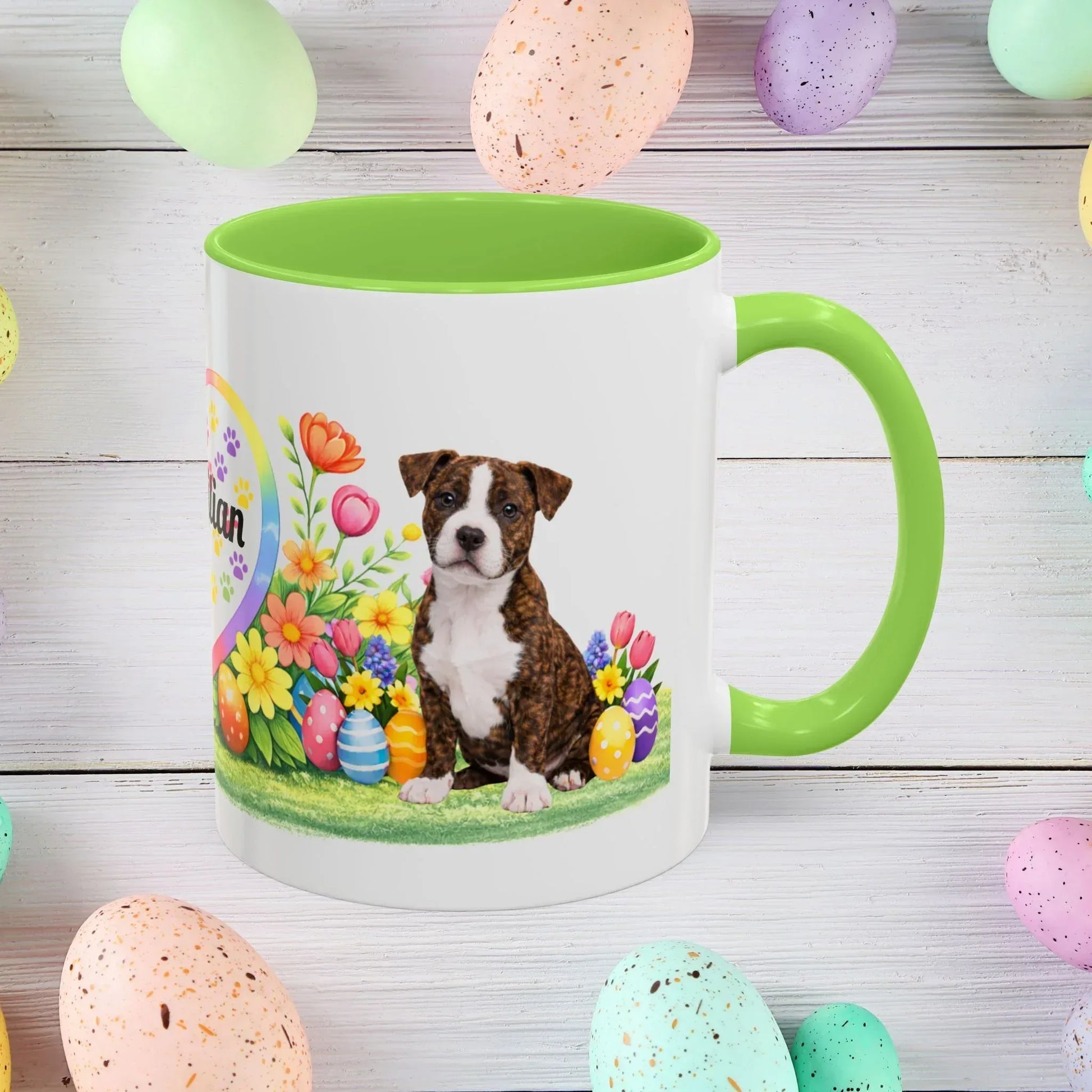 Shop our pitbull brindle white puppy easter mug featuring the 11oz style option from MySisterIsASurvivor.
