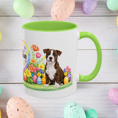 Shop our pitbull brindle white puppy easter mug featuring the 11oz style option from MySisterIsASurvivor.