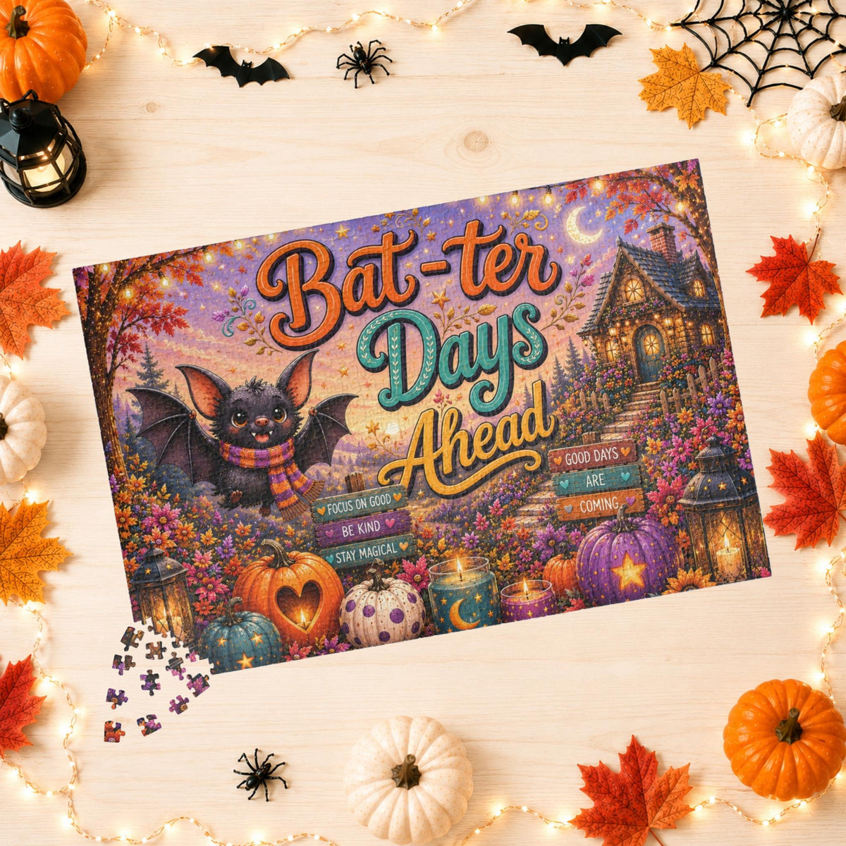 Bat-ter Days Ahead Halloween puzzle featuring cheerful bat artwork, heart pumpkins, and a cozy cottage scene